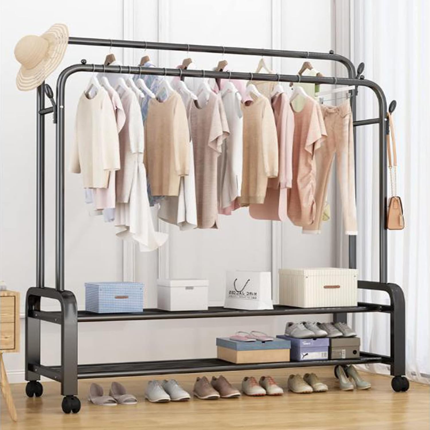 Penderie de vêtements à double barre avec deux étagers en métal NOIR - علّاقة ملابس مزدوجة مع رفين